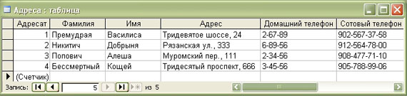 Окно: Заполнение таблицы
